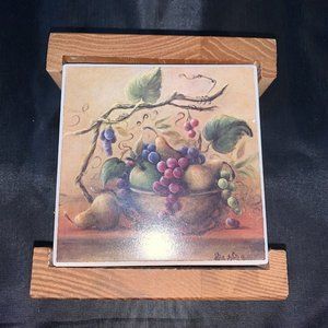 Vintage Fruit in Bowl Lisa White Ceramic Tile Coasters Set of 4 in Wooden Holder